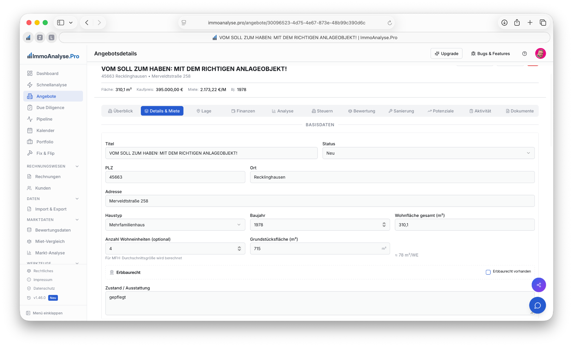 Details & Miete-Tab mit Basisdaten, Objekttyp und Ausstattung