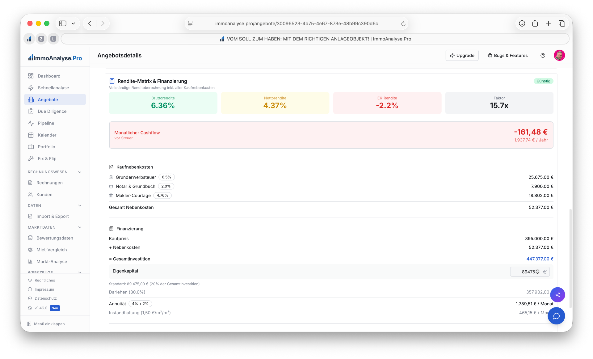 Rendite-Matrix mit Bruttorendite, Nettorendite, EK-Rendite, Faktor und Cashflow