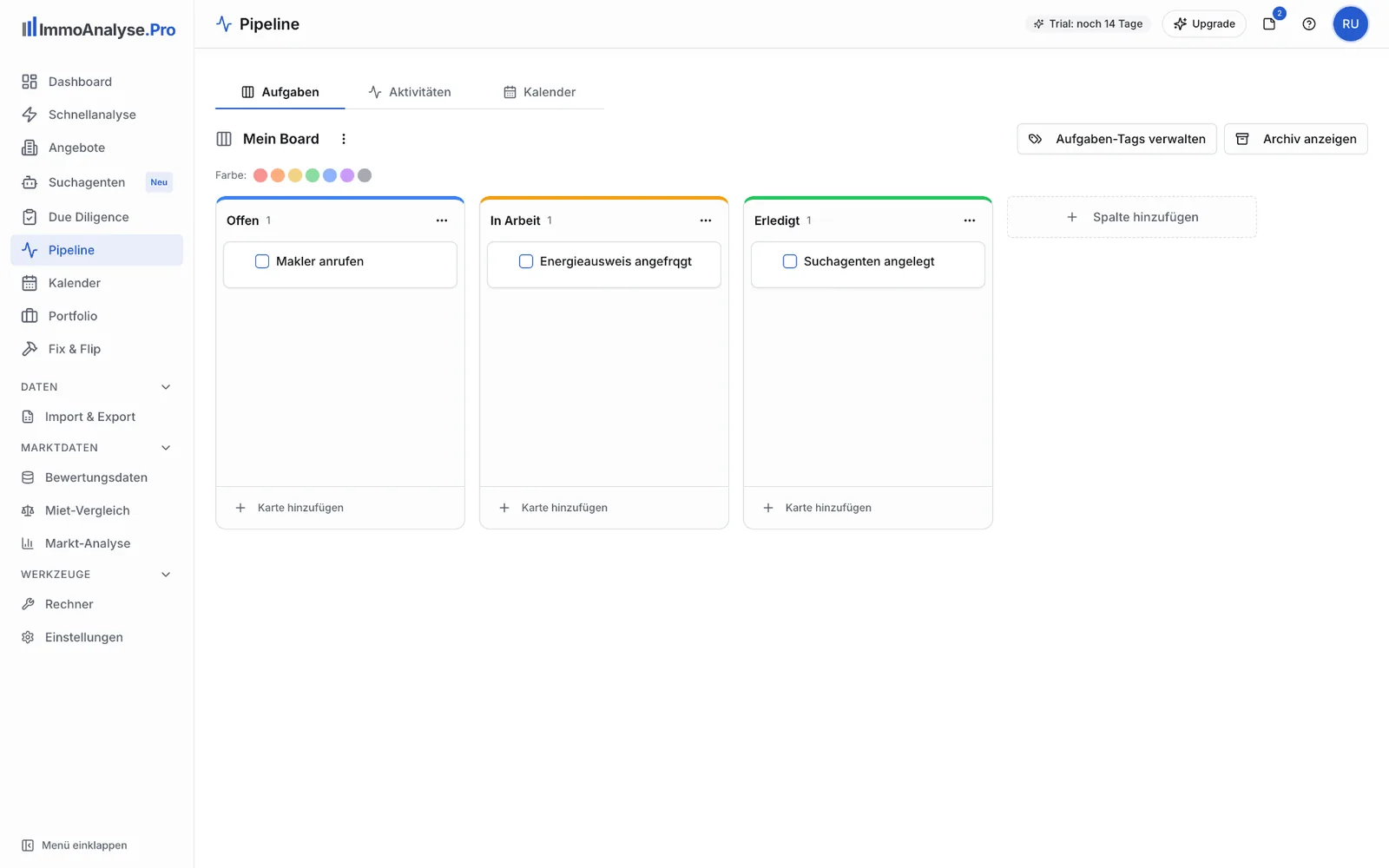Due Diligence Kanban-Board mit Checkliste und Dokumenten-Upload