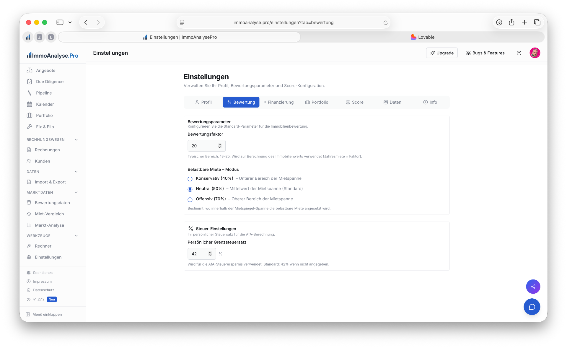Bewertungsparameter mit Bewertungsfaktor und Mietmodus