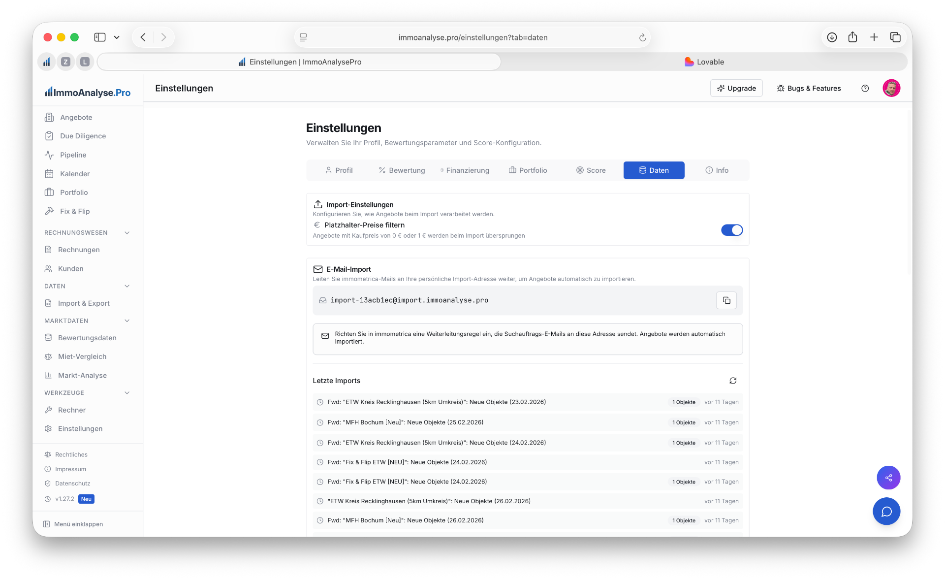 Daten-Tab mit Import-Einstellungen und E-Mail-Import