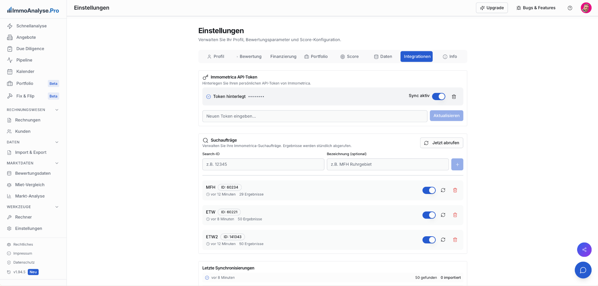 Integrationen-Tab mit Immometrica API-Token und Suchaufträgen