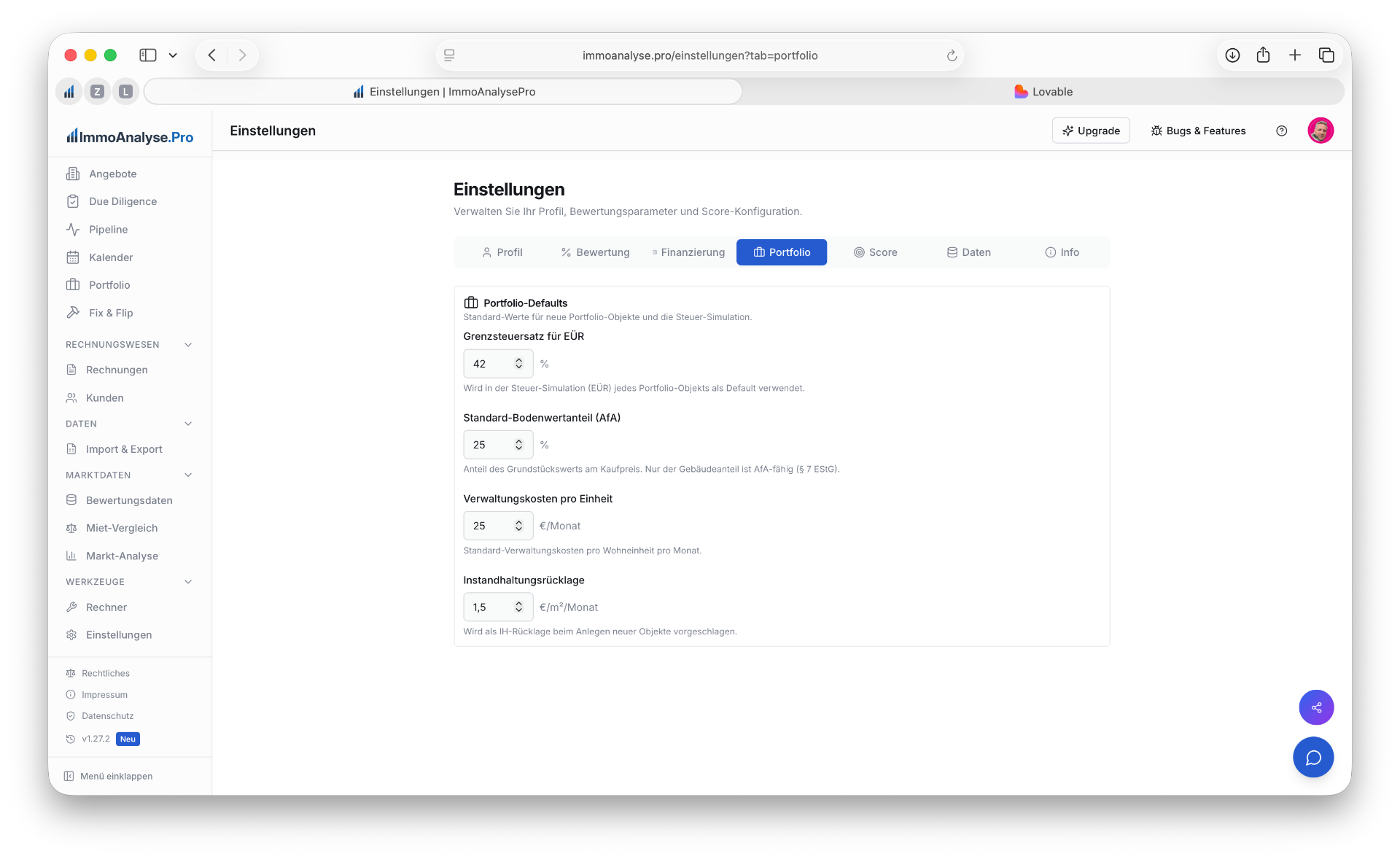 Portfolio-Defaults für EÜR und Verwaltung
