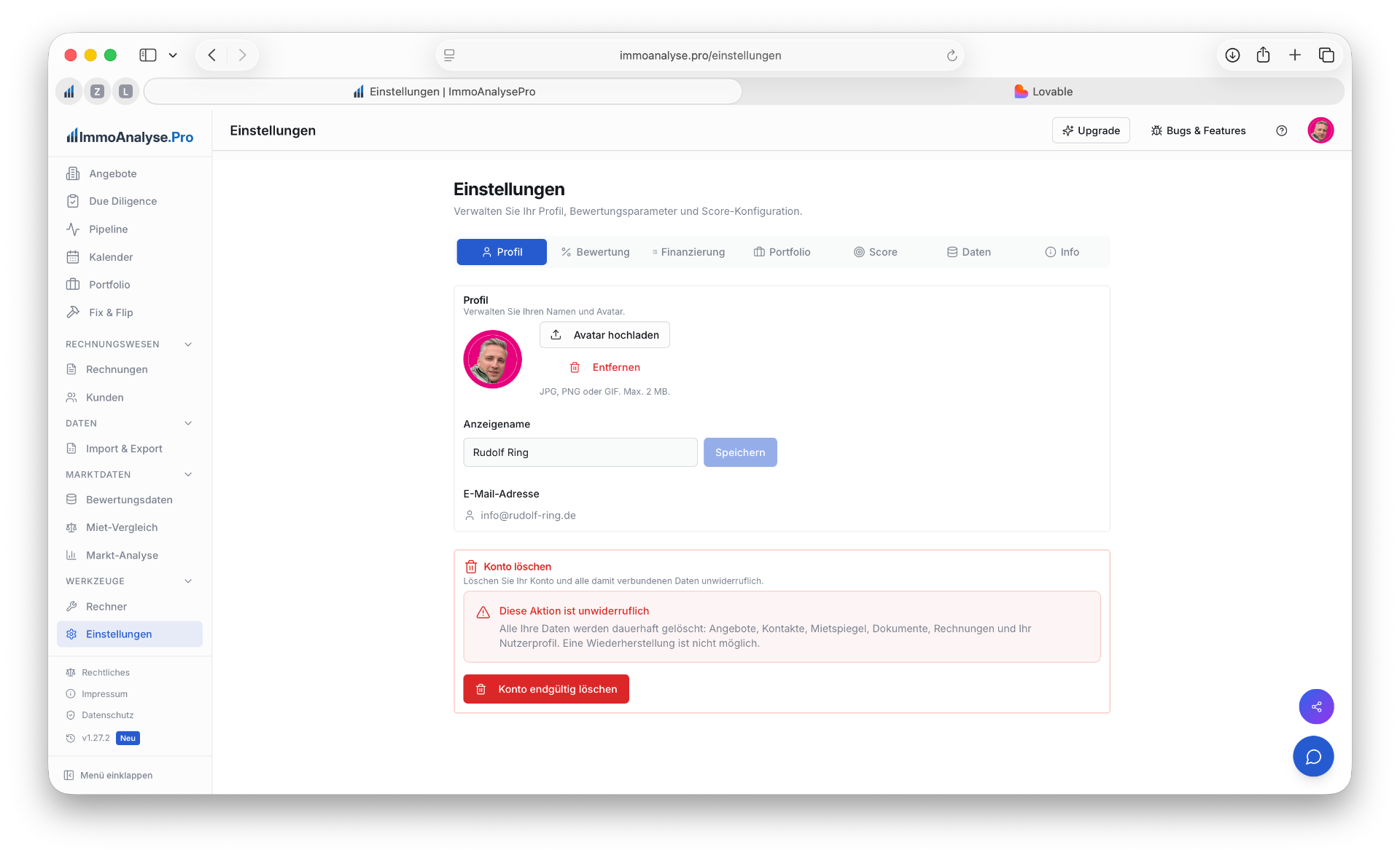 Einstellungen – Profil-Tab mit Avatar und Kontoverwaltung