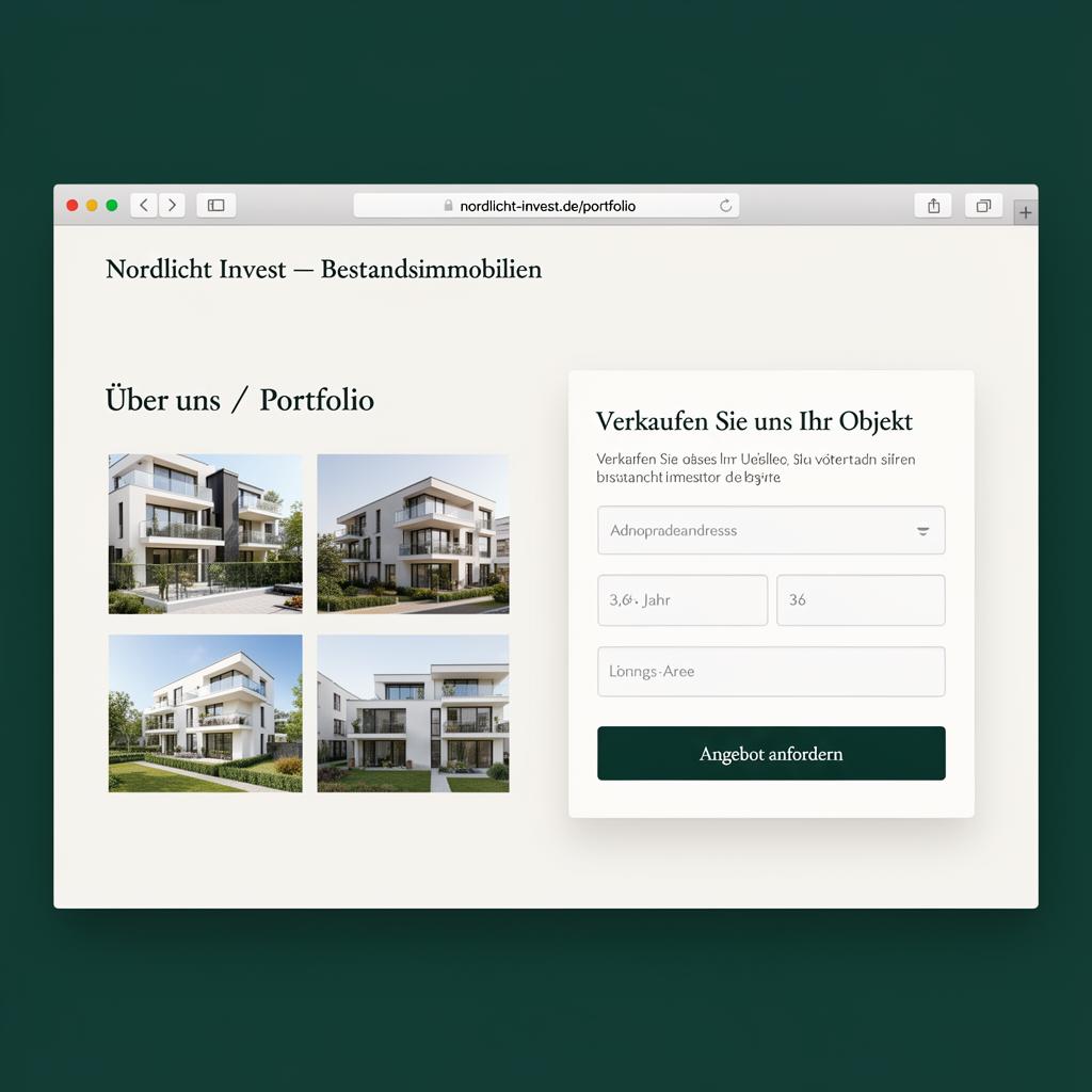 Portfolio- & Über-uns-Seite — Beispiel-Mockup für Investoren-Website mit Ankauf-Widget