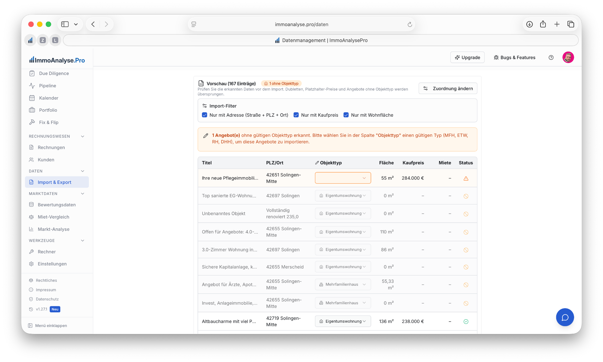 Import-Vorschau mit Filtermöglichkeiten, Objekttyp-Dropdown und Status-Icons