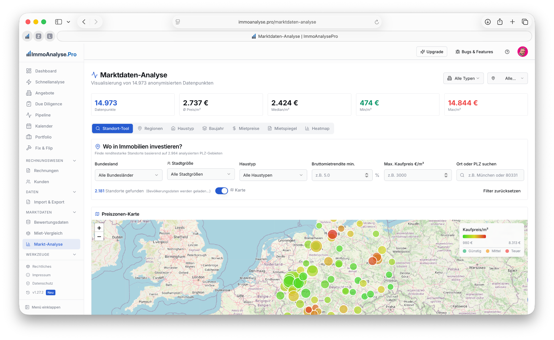 Marktdaten-Analyse mit Standort-Tool und Preiszonen-Karte