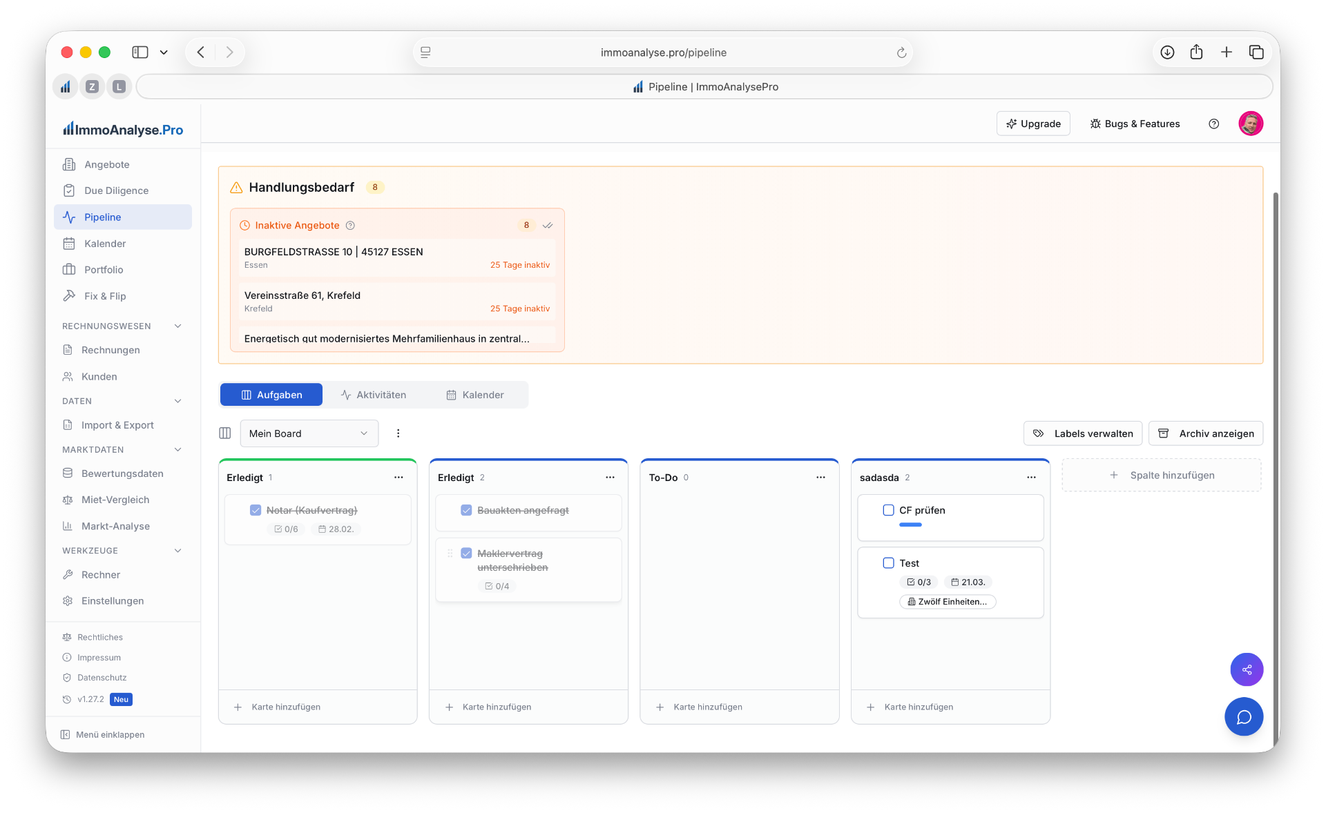 Pipeline Kanban-Board mit Aufgaben und Handlungsbedarf