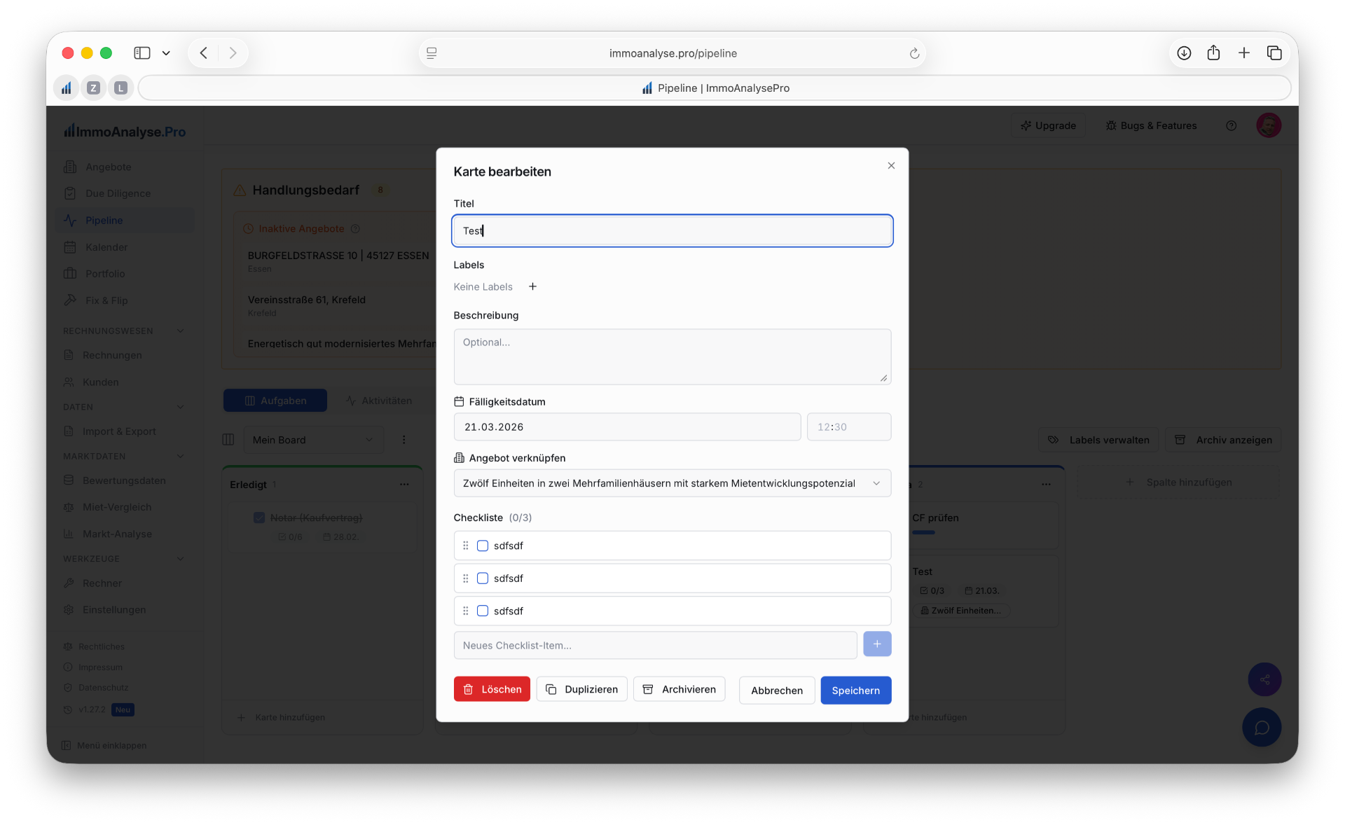 Karten-Dialog mit Titel, Labels, Checkliste und Angebotsverknüpfung