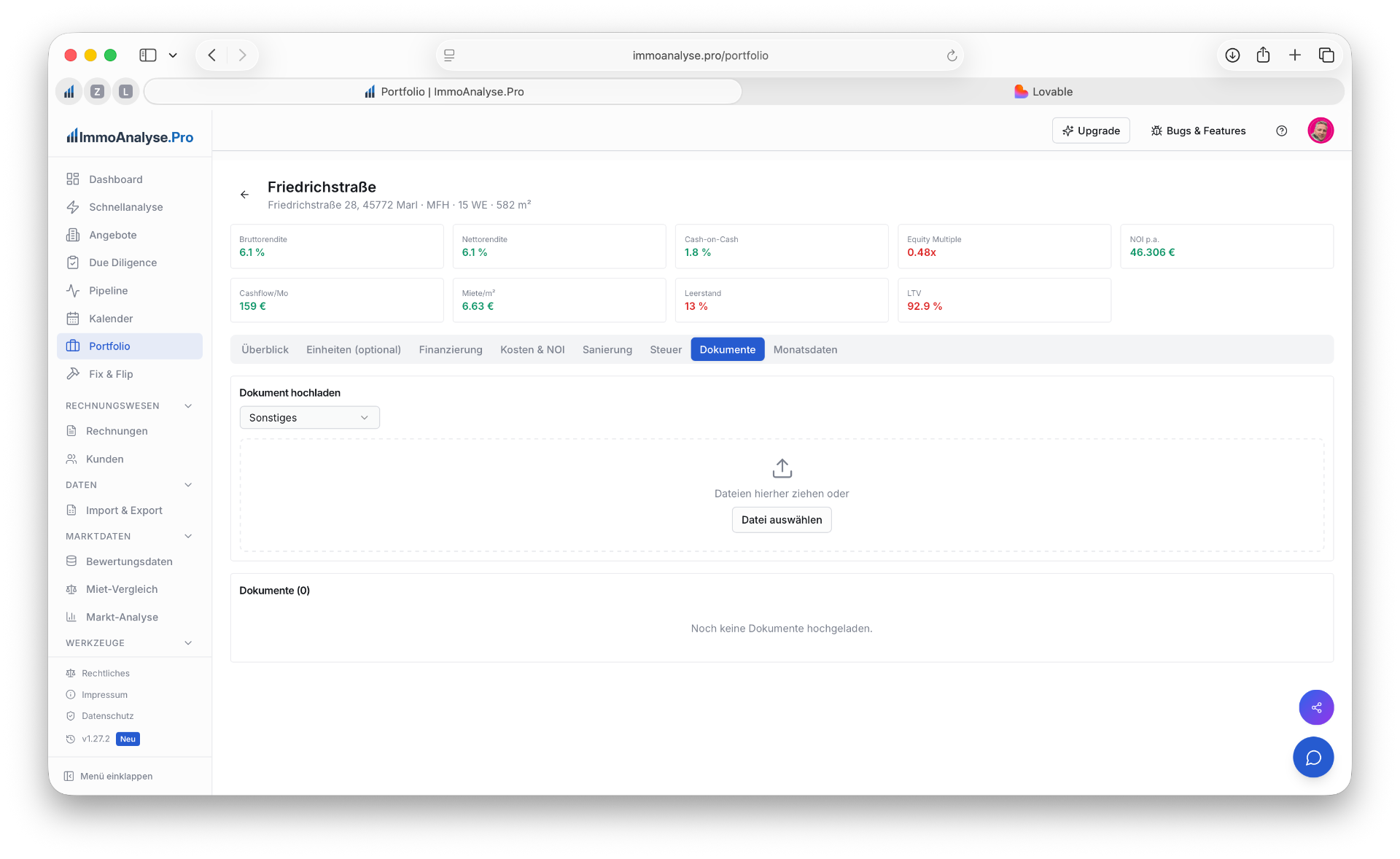Portfolio Objekt — Tab Dokumente mit Upload-Bereich und Dokumentenliste
