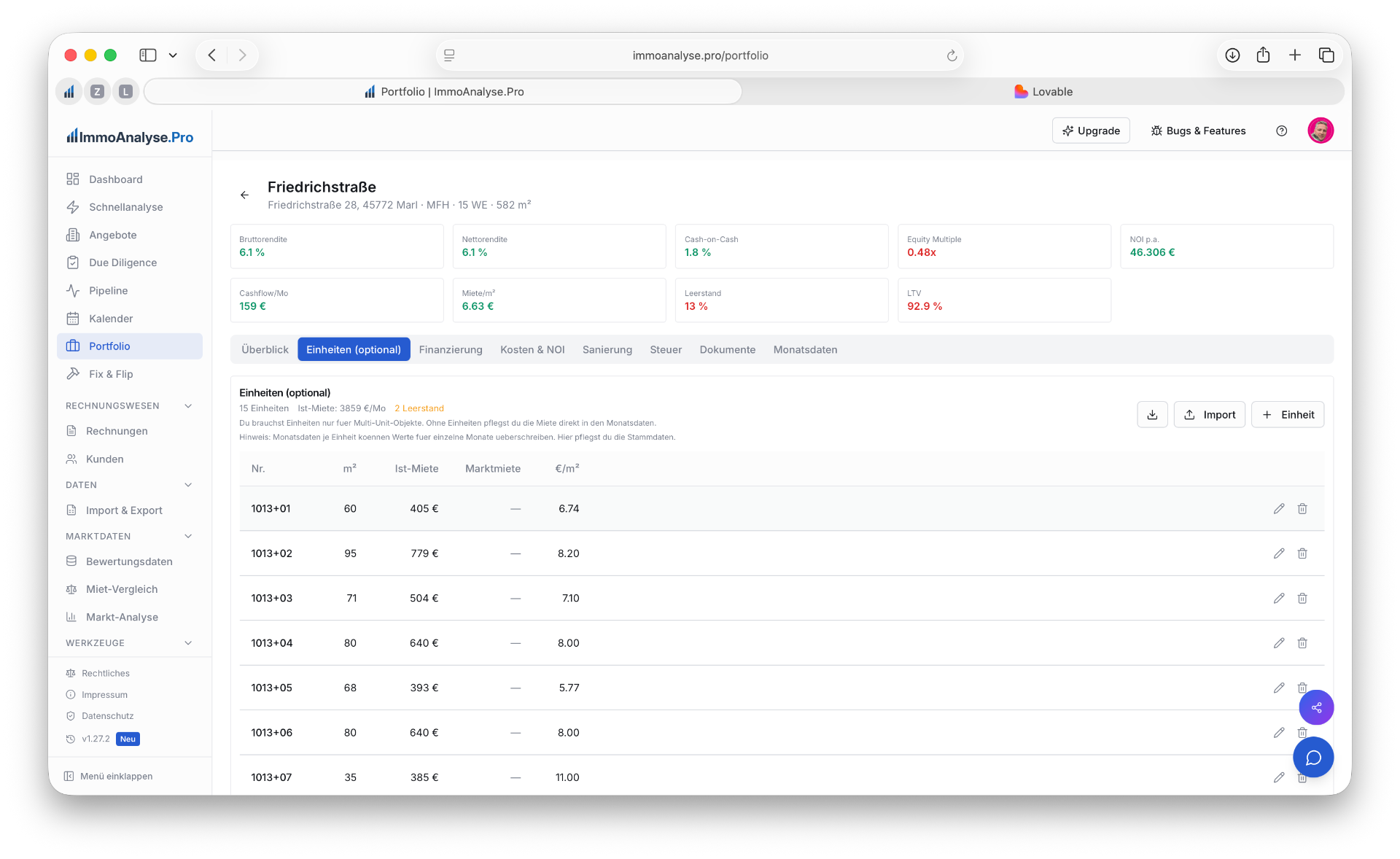 Portfolio Objekt — Tab Einheiten mit Mietaufstellung und Leerstandsanzeige