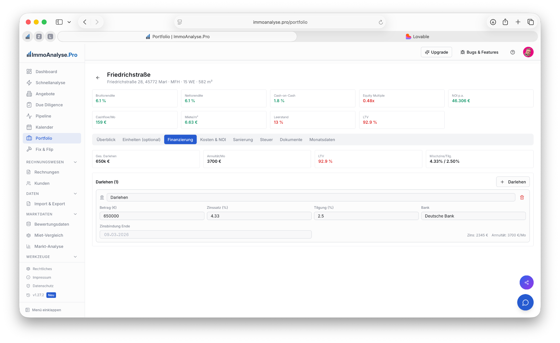 Portfolio Objekt — Tab Finanzierung mit Darlehensübersicht, Annuität und LTV