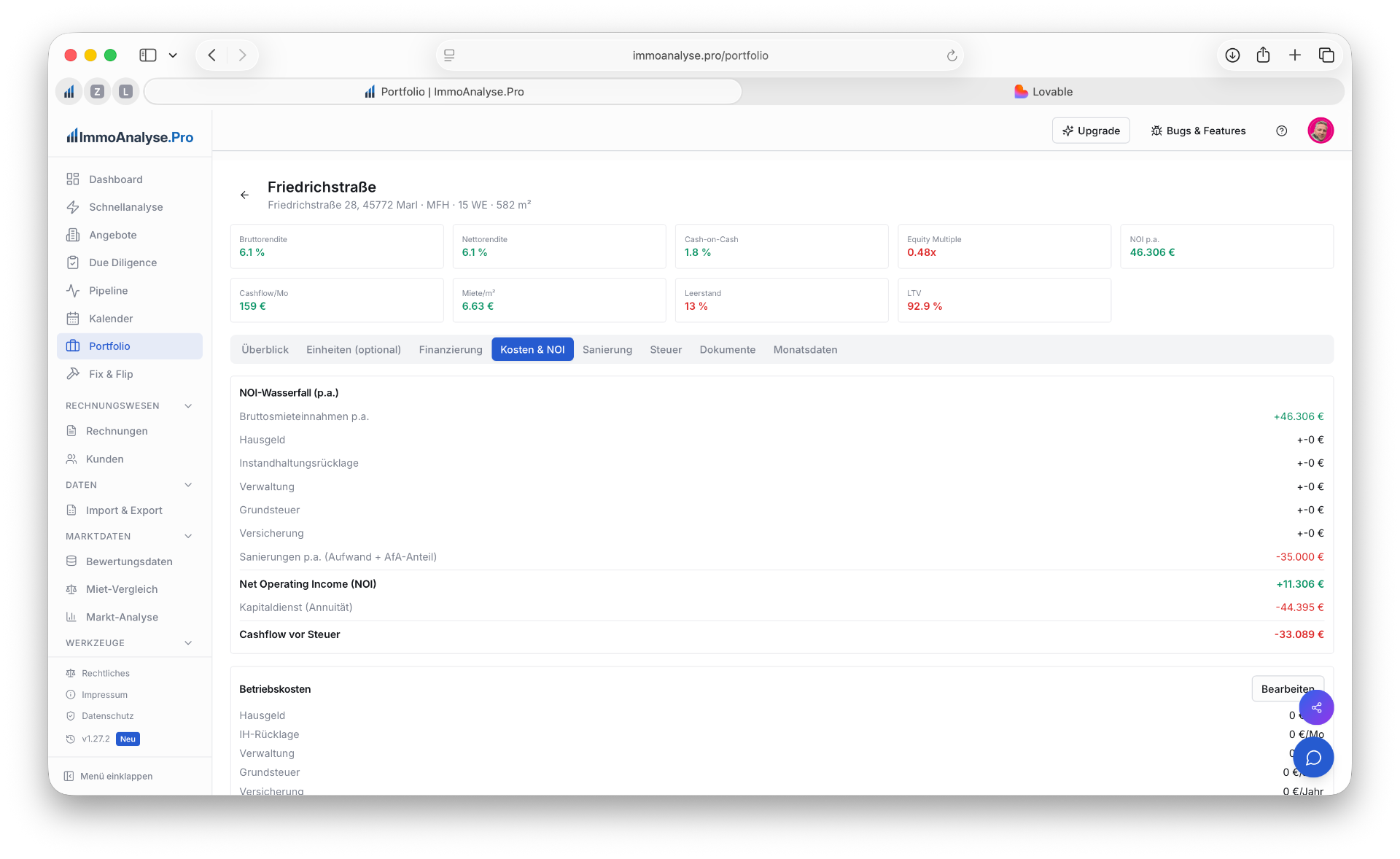 Portfolio Objekt — Tab Kosten & NOI mit NOI-Wasserfall und Betriebskosten