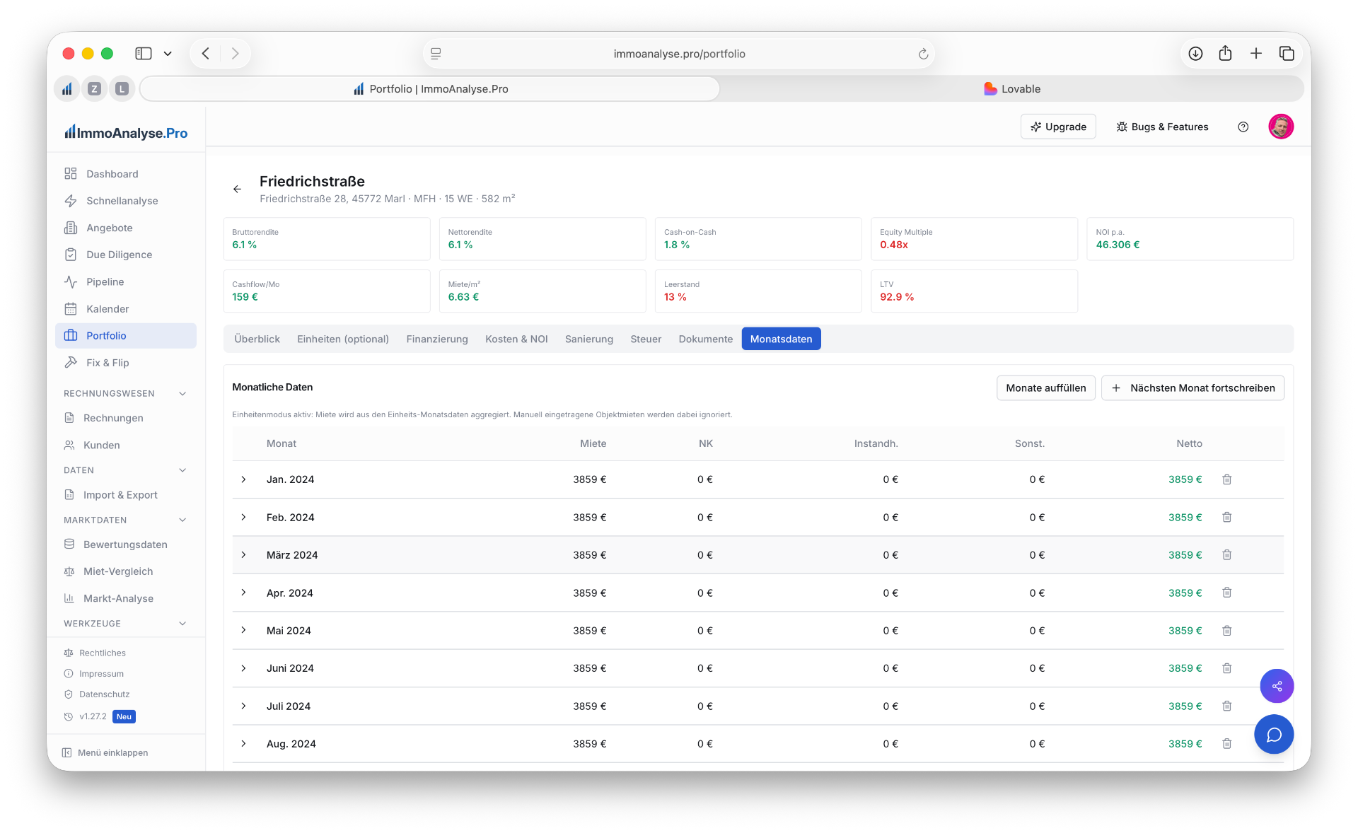 Portfolio Objekt — Tab Monatsdaten mit monatlicher Aufstellung von Miete, Kosten und Netto