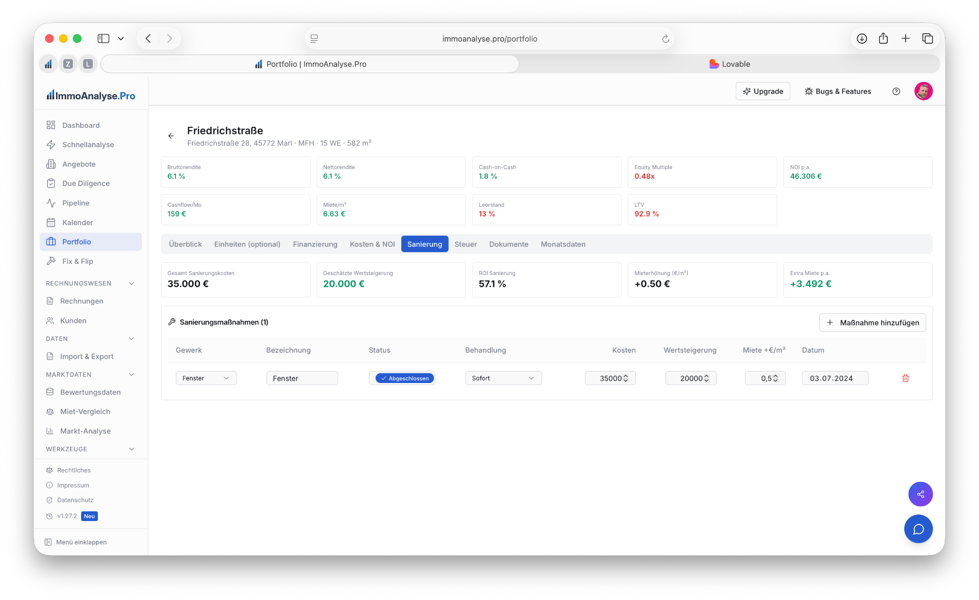 Portfolio Objekt — Tab Sanierung mit Maßnahmen, Kosten, Wertsteigerung und ROI