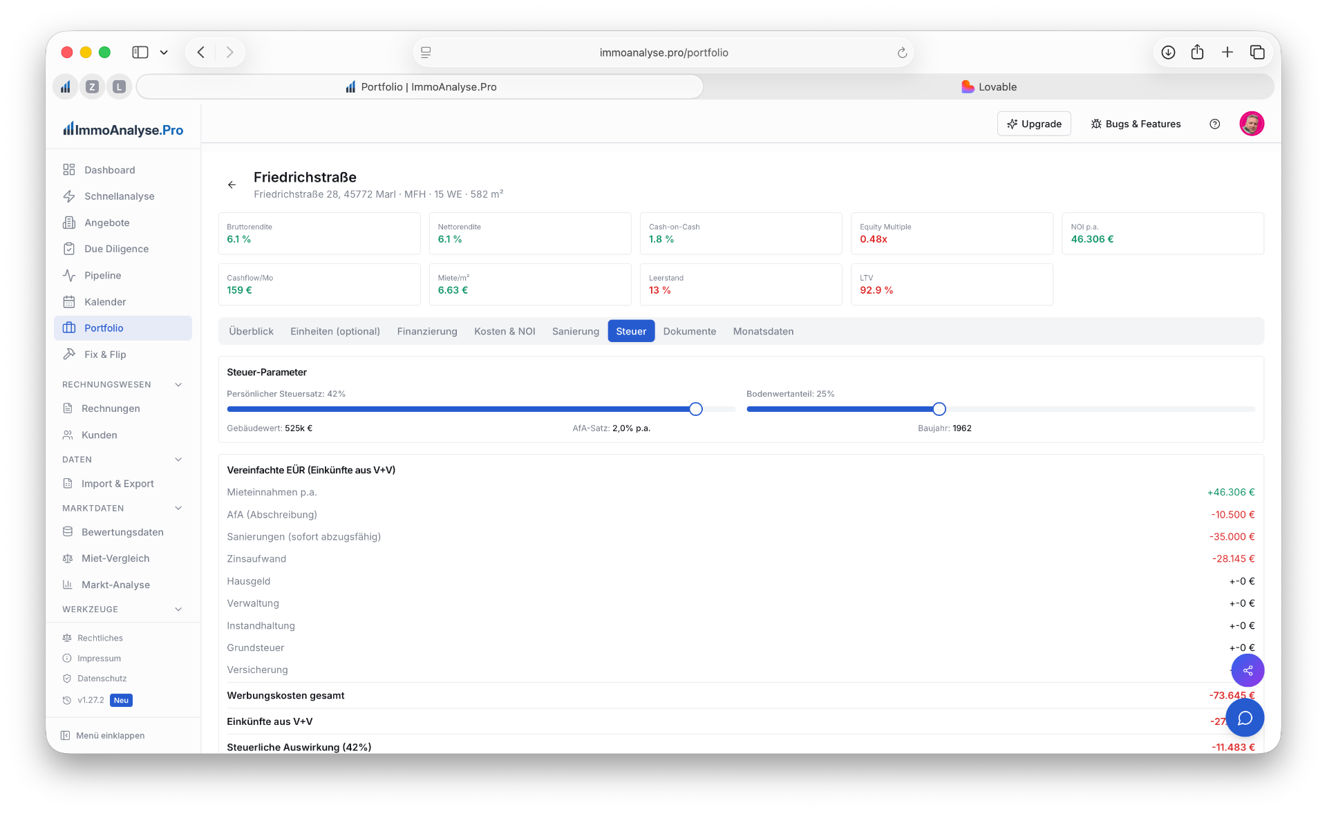 Portfolio Objekt — Tab Steuer mit EÜR, AfA-Berechnung und Steuerersparnis