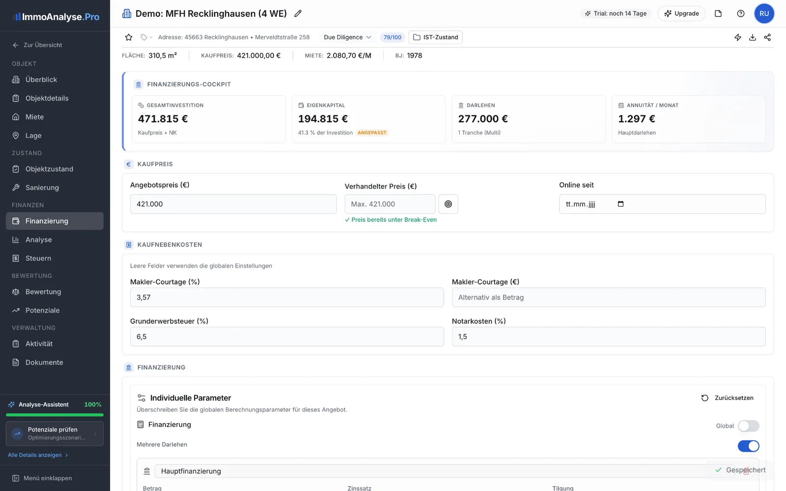 Renditematrix mit Finanzierungs- und Cashflow-Optionen