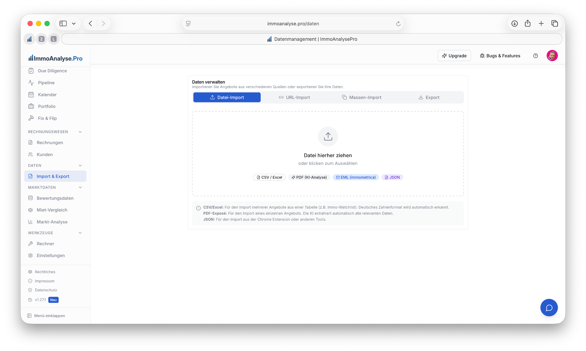 Import & Export – Datei-Import Ansicht