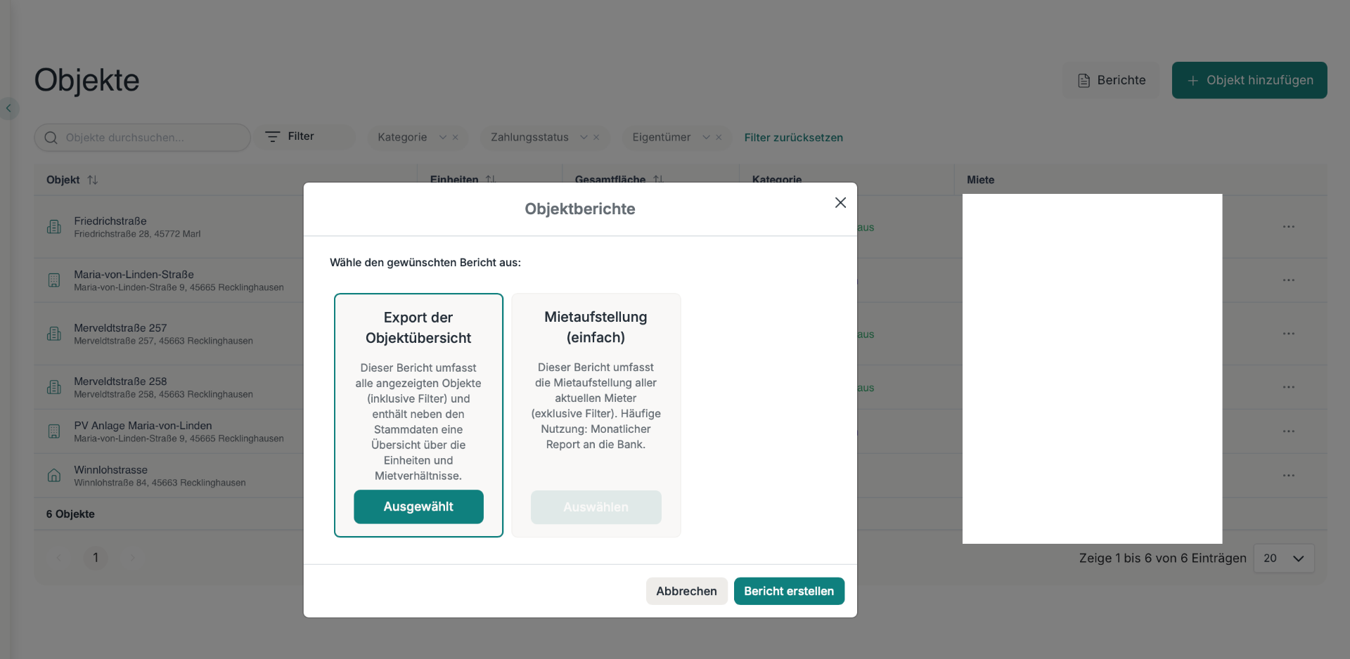 immocloud Berichtsdialog — Export der Objektübersicht auswählen