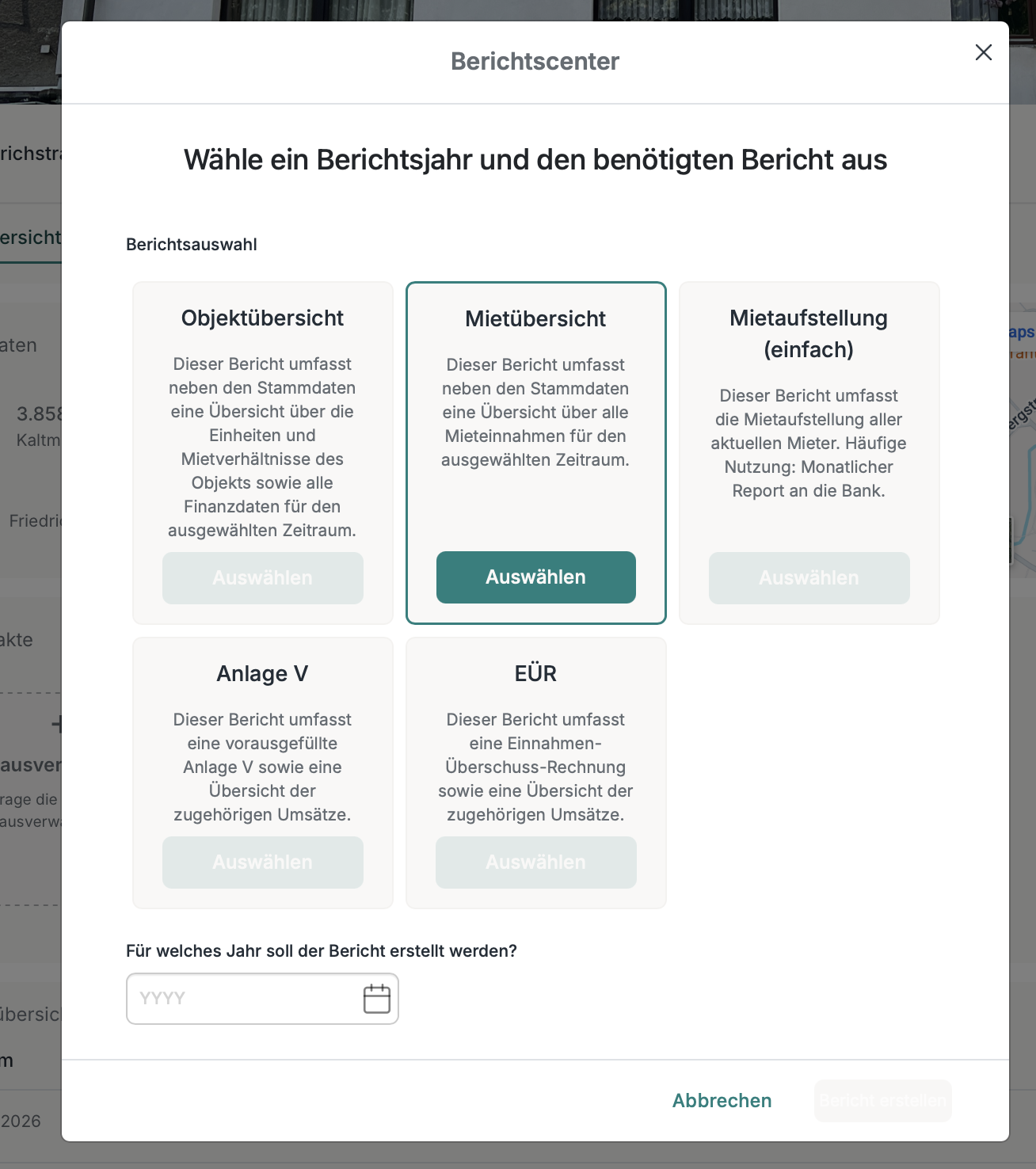immocloud Berichtscenter — Mietübersicht auswählen
