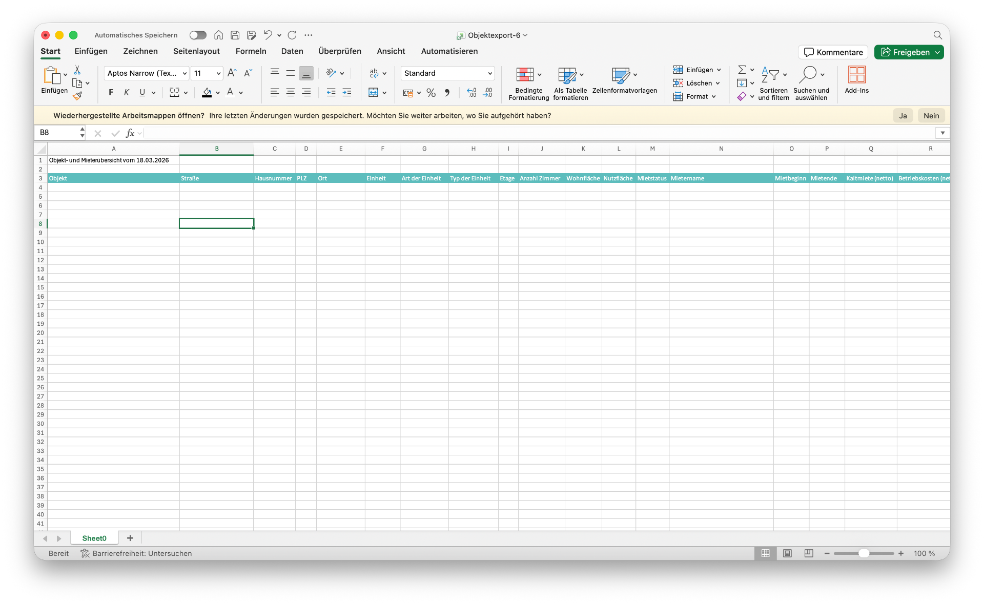 Beispiel der exportierten Excel-Datei aus immocloud mit Objekt- und Mieterübersicht