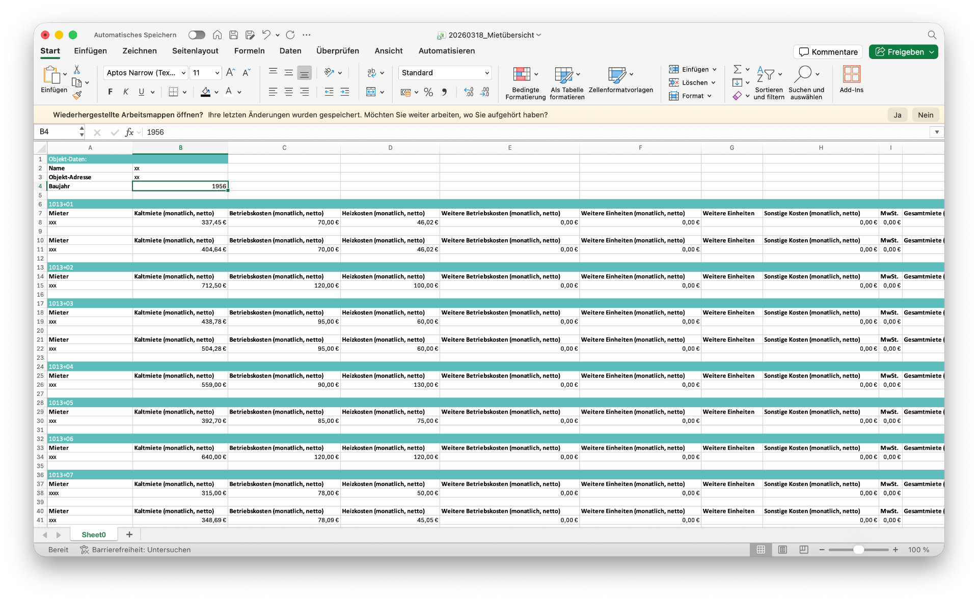 immocloud Mietübersicht — Excel-Export mit monatlichen Mietdaten pro Einheit