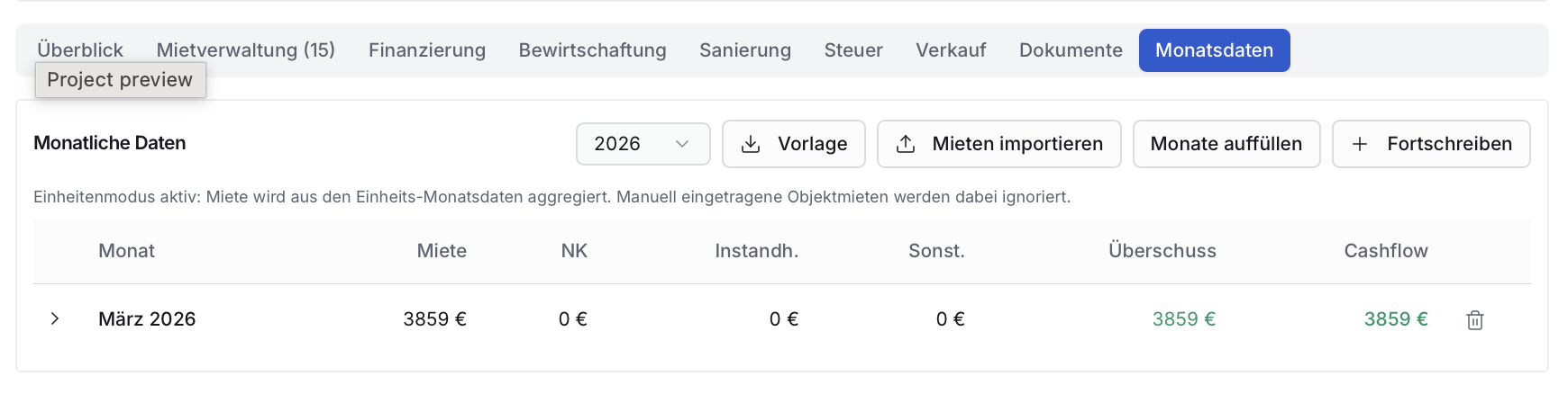 Portfolio Monatsdaten — Button Mieten importieren
