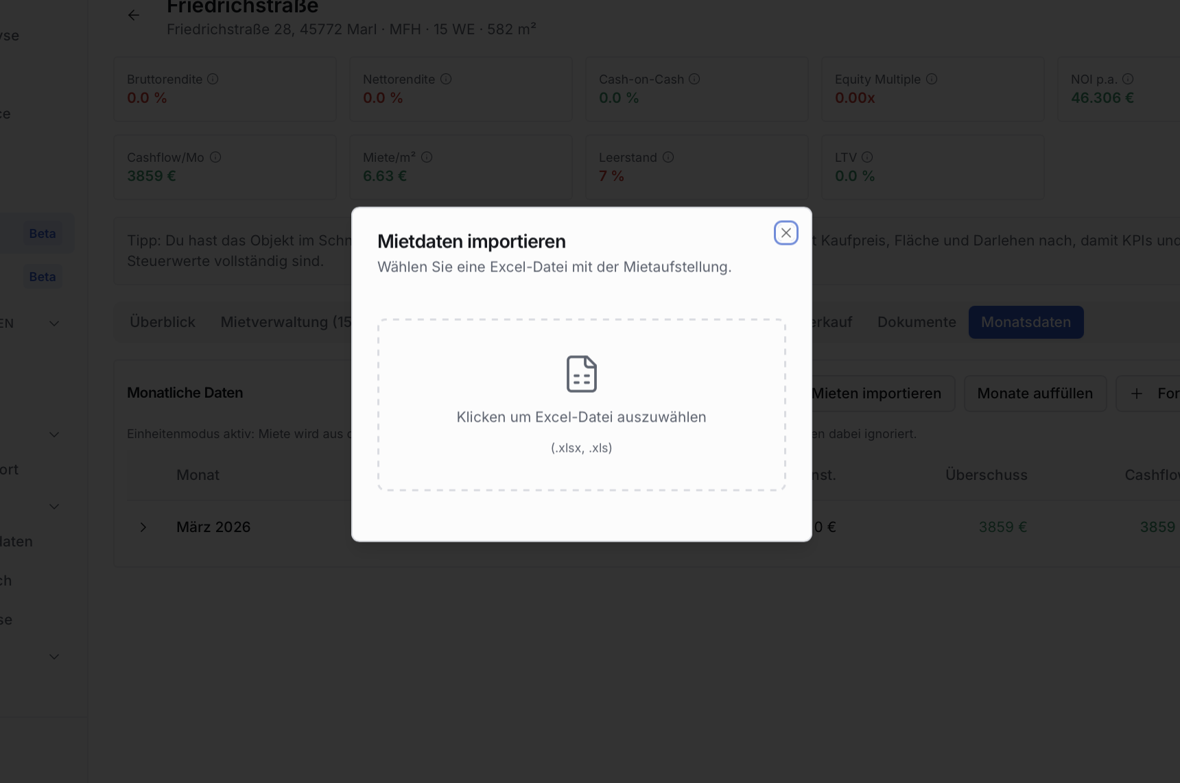 Portfolio Monatsdaten — Import-Dialog für Excel-Dateien