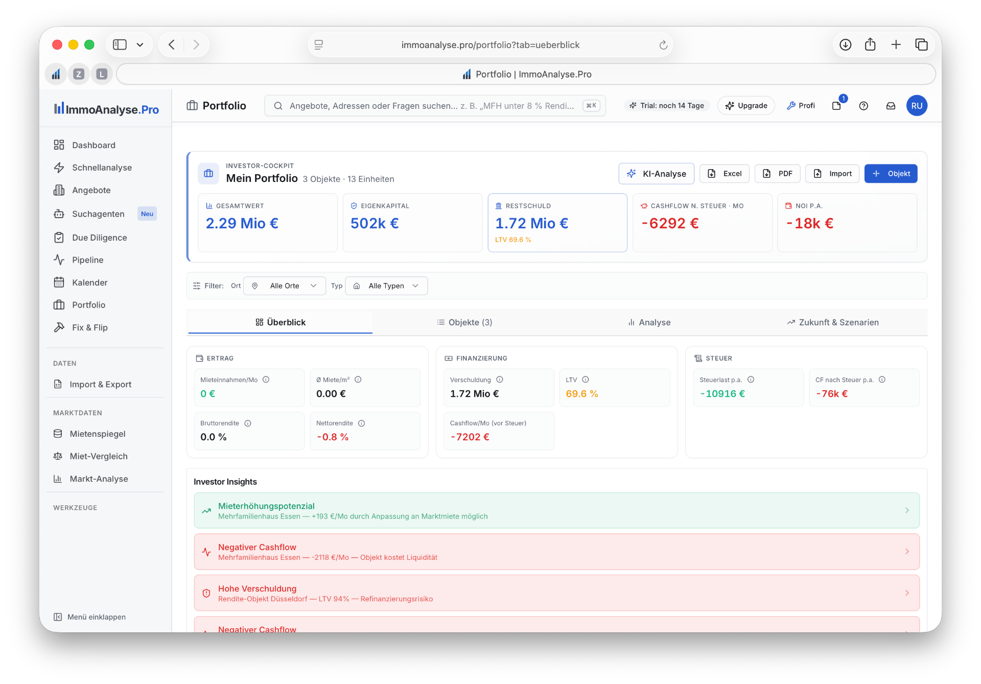Immobilien-Portfolio-Analyse im Investor-Cockpit: Gesamtwert, Eigenkapital, Restschuld, Cashflow nach Steuer und KI-Insights